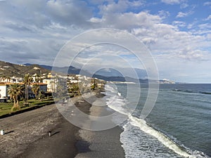 Aerial panoramic view on coastline in Torrox Costa, Costa del Sol, small touristic town between Malaga and Nerja, Andalusia, Spain