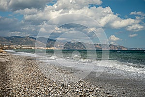 Aerial panoramic view on coastline in Torrox Costa, Costa del Sol, small touristic town between Malaga and Nerja, Andalusia, Spain