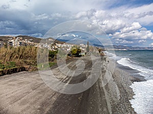 Aerial panoramic view on coastline in Torrox Costa, Costa del Sol, small touristic town between Malaga and Nerja, Andalusia, Spain