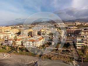 Aerial panoramic view on coastline in Torrox Costa, Costa del Sol, small touristic town between Malaga and Nerja, Andalusia, Spain