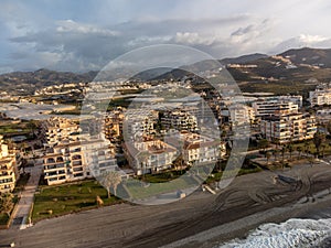 Aerial panoramic view on coastline in Torrox Costa, Costa del Sol, small touristic town between Malaga and Nerja, Andalusia, Spain