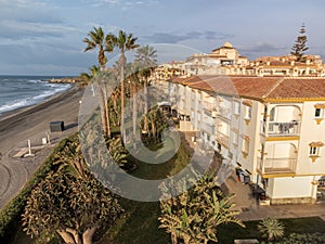 Aerial panoramic view on coastline in Torrox Costa, Costa del Sol, small touristic town between Malaga and Nerja, Andalusia, Spain