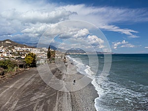 Aerial panoramic view on coastline in Torrox Costa, Costa del Sol, small touristic town between Malaga and Nerja, Andalusia, Spain