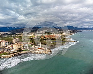 Aerial panoramic view on coastline in Torrox Costa, Costa del Sol, small touristic town between Malaga and Nerja, Andalusia, Spain