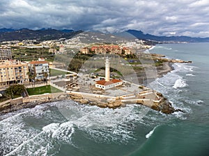 Aerial panoramic view on coastline in Torrox Costa, Costa del Sol, small touristic town between Malaga and Nerja, Andalusia, Spain