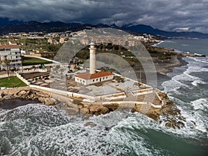 Aerial panoramic view on coastline in Torrox Costa, Costa del Sol, small touristic town between Malaga and Nerja, Andalusia, Spain