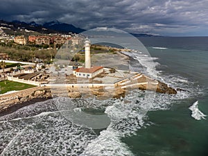 Aerial panoramic view on coastline in Torrox Costa, Costa del Sol, small touristic town between Malaga and Nerja, Andalusia, Spain