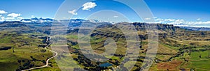 Aerial panoramic view of Drakensberg mountain range in summer