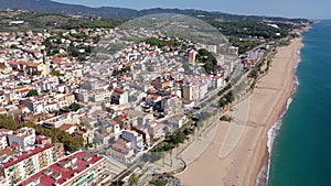 Aerial panoramic view from drone of Canet de Mar in el Maresme coast, Catalonia, Spain
