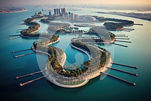 Aerial panoramic view of Dubai Marina at sunset, United Arab Emirates, Aerial View Of Palm Island In Dubai, AI Generated