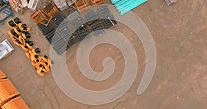 Aerial panoramic view at earthworks construction site for sewerge construction trench for laying external sewage