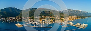 Aerial panoramic view of the evening in Porto Montenegro in Tivat