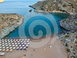 Aerial panoramic view of the famous rocky beach Melidoni in Kythira island at sunset. Amazing scenery with crystal clear water and