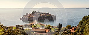 Aerial panoramic view of the famous Sveti Stefan island in Montenegro