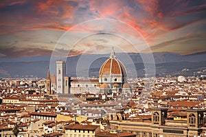 Aerial panoramic view of Florence Firenze with famous dome.