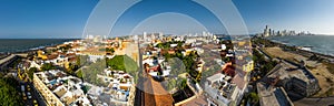 Aerial panoramic view of the historic city center of Cartagena, Colombia. Panorama of the old and new parts of the city
