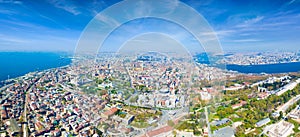 Aerial panoramic view of historical center of city and famous landmarks in Istanbul, Turkey. Blue Mosque and Hagia Sophia in