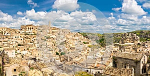 Aerial panoramic view of historical centre Sasso Caveoso of old ancient town Sassi di Matera