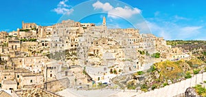 Aerial panoramic view of historical centre Sasso Caveoso of old ancient town Sassi di Matera