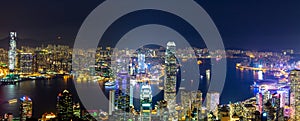 Aerial panoramic view of Hong Kong Island and Kowloon at night, Hong Kong city at night from the Victoria peak, China