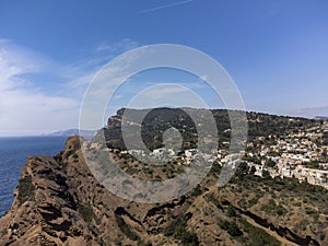 Aerial panoramic view on houses and sea near blue Calanque de Figuerolles in La Ciotat, Provence, France