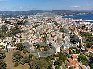 Aerial panoramic view on houses and sea near blue Calanque de Figuerolles in La Ciotat, Provence, France