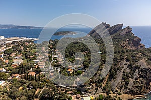 Aerial panoramic view on houses and sea near blue Calanque de Figuerolles in La Ciotat, Provence, France