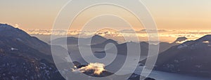 Aerial Panoramic View of Howe Sound, Islands and Canadian Mountain Landscape