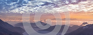 Aerial Panoramic View of Howe Sound, Islands and Canadian Mountain Landscape