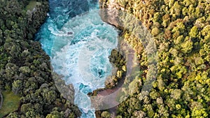 Aerial panoramic view of Huka Falls in Taupo, New Zealand