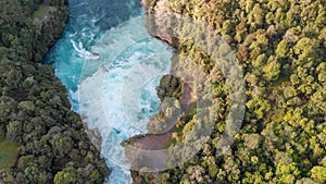 Aerial panoramic view of Huka Falls in Taupo, New Zealand