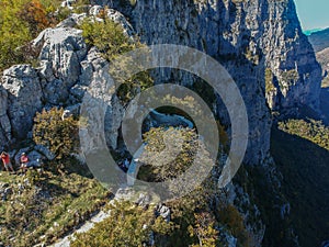 Aerial panoramic view of the impressive Vikos gorge in the Zagoria region at Pindus Mountains of northern Greece. It lies on the