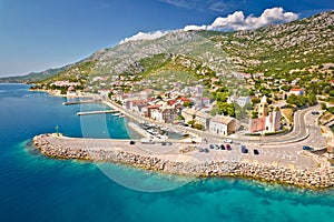 Aerial panoramic view of Karlobag waterfront and turquoise sea