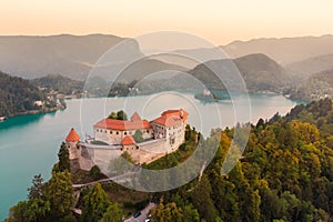 Aerial panoramic view of Lake Bled and the castle of Bled, Slovenia, Europe. Aerial drone photography