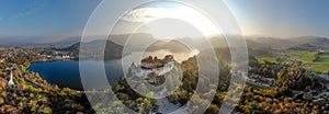 Aerial panoramic view of Lake Bled and the castle of Bled, Slovenia, Europe. Aerial drone photography