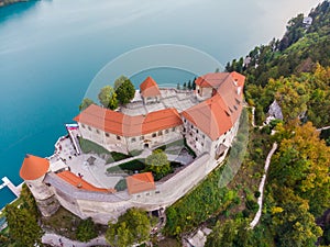 Aerial panoramic view of Lake Bled and the castle of Bled, Slovenia, Europe. Aerial drone photography