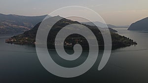 Aerial panoramic view of Lake Iseo and Monte Isola at sunset