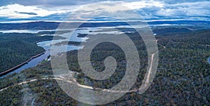 Aerial panoramic view of Lake Jindabyne at dusk, New South Wales