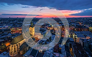 Aerial panoramic view of historical city center at twilight, Lviv, Ukraine. UNESCO world heritage site photo