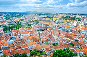 Aerial panoramic view of Leiria city old historical centre with red tiled roofs buildings, Beira Litoral province photo