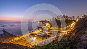 Aerial view of Lima's Coastline in the neighborhood of Miraflores day to night timelapse, Lima, Peru photo