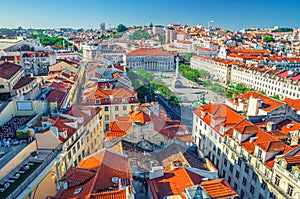 Aerial panoramic view of Lisboa historical city centre Baixa Pombalina Downtown with Rossio King Pedro IV Square