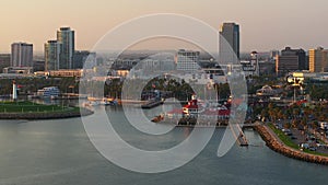 Aerial panoramic view of the Long Beach coastline, harbour, skyline and Marina in Long Beach