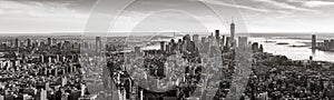 Aerial panoramic view of Lower Manhattan in Black & White, New York City