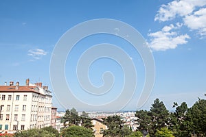 Aerial panoramic view of Lyon seen from the Colline de la Croix-Rousse Hill taken during a sunny afternoon. photo