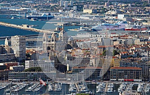 Aerial panoramic view of Major cathedral and old port in Marseille, France