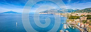 Aerial panoramic view of Marina Grande, cliff coastline Sorrento and Gulf of Naples, Italy