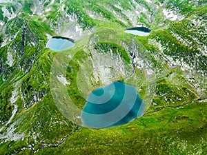Aerial panoramic view Masc of Rila mountain, Urdini lakes pods, nature of Bulgaria. Hiking, trekking and tourism
