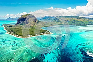 Aerial panoramic view of Mauritius island - Detail of Le Morne Brabant mountain with underwater waterfall perspective photo