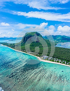 Aerial panoramic view of Mauritius island - Detail of Le Morne Brabant mountain with underwater waterfall perspective optic photo